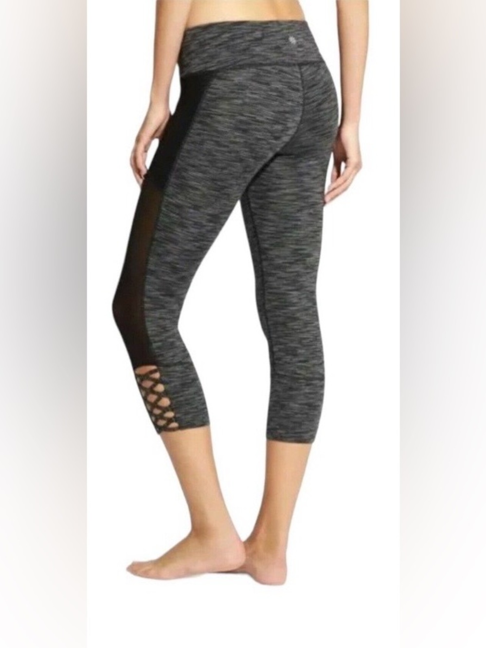 Athleta Mind Over Matt Black Striped Capri Leggings with Braided detail